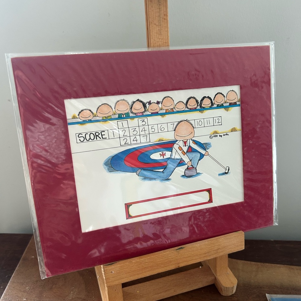 Vintage Curling Themed Cartoon Wall Art with Red Frame Chuckies